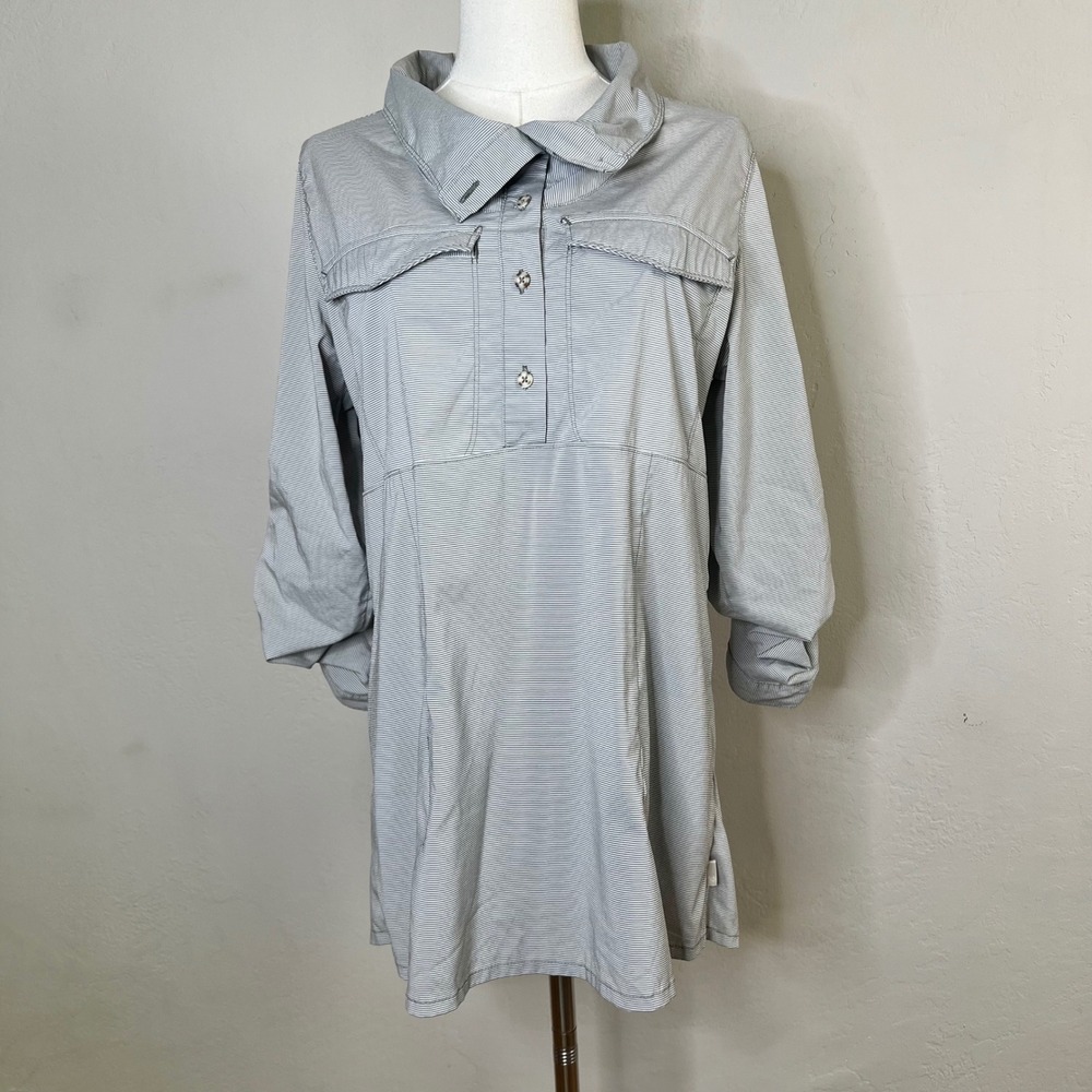 Mountain Hardwear Tunic Shirt Womens Size Large Gray Striped Roll Tab Sleeves